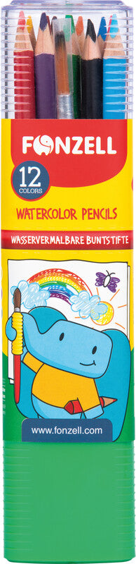Fonzell Aquarellfarbstifte-Set – 12 Farben, Dreikant, Mine Ø 3,3 mm, Dreiecksetui, mit Pinsel