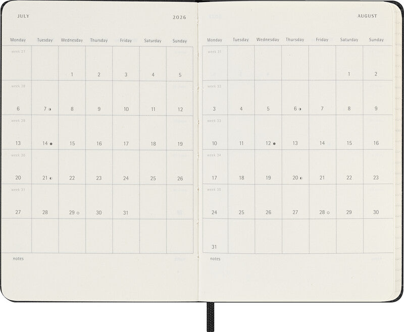 Moleskine Agenda – 1 Woche/2 Seiten, gebunden, 9,0 × 14,0 cm, 2026, Englisch, schwarz, FSC