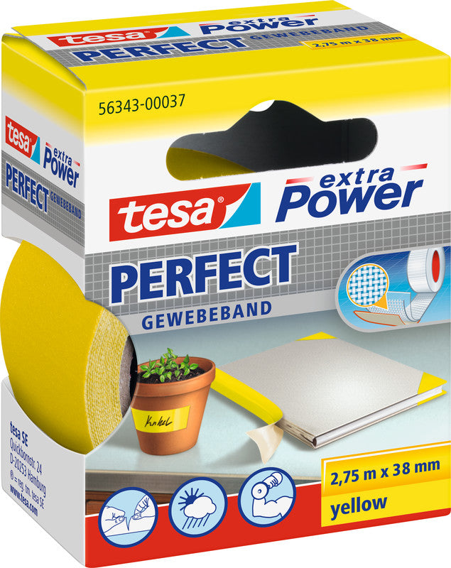 tesa Gewebeband Extra Power Perfect – 38 mm × 2,75 m, gelb, stark