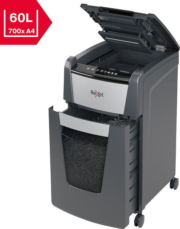 Rexel Optimum AutoFeed+ 225M – Aktenvernichter mit Autofeed 225 Blatt, DIN P-5, Mikroschnitt 2 × 15 mm, 60 l