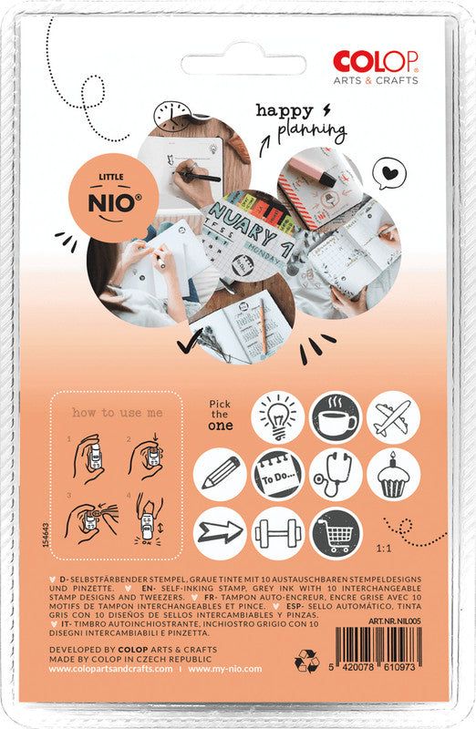 Colop Little NIO Rundstempel – Bullet Journal, selbstfärbend, 10 Motive, Ø 17 mm, Kissen grau