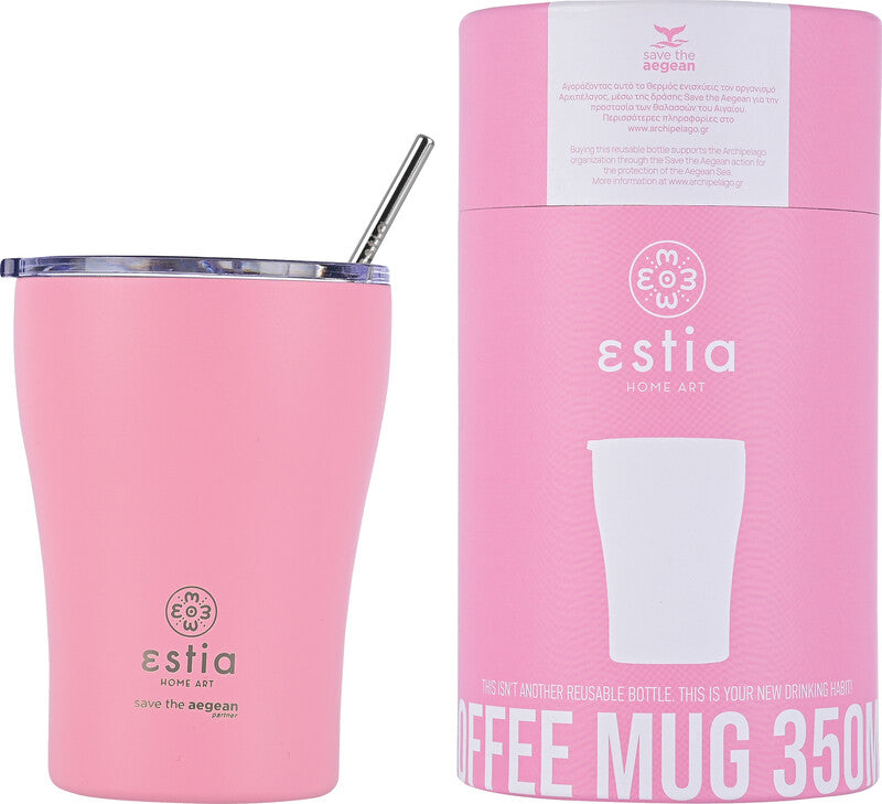 Estia Thermobecher 350 ml – Doppelwandig 6 h heiss / 12 h kalt, Edelstahl, Druckknopfdeckel, Blossom Rose