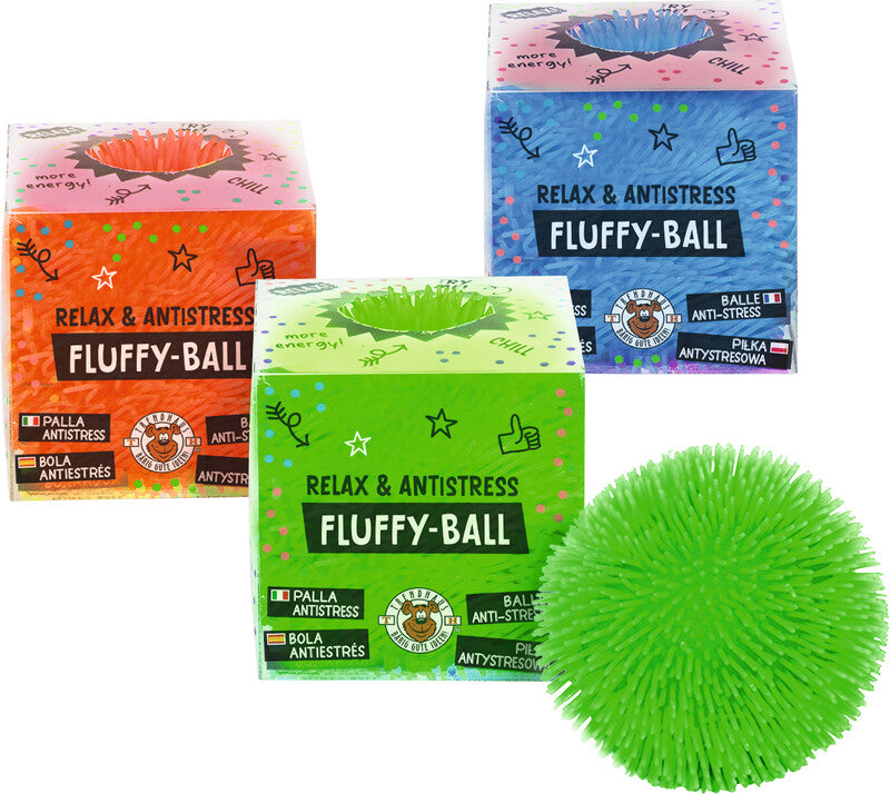 Trendhaus Stressball Fluffy – Ø 7,5 cm, neonblau, neongrün, neonkorallenrot, Gummi
