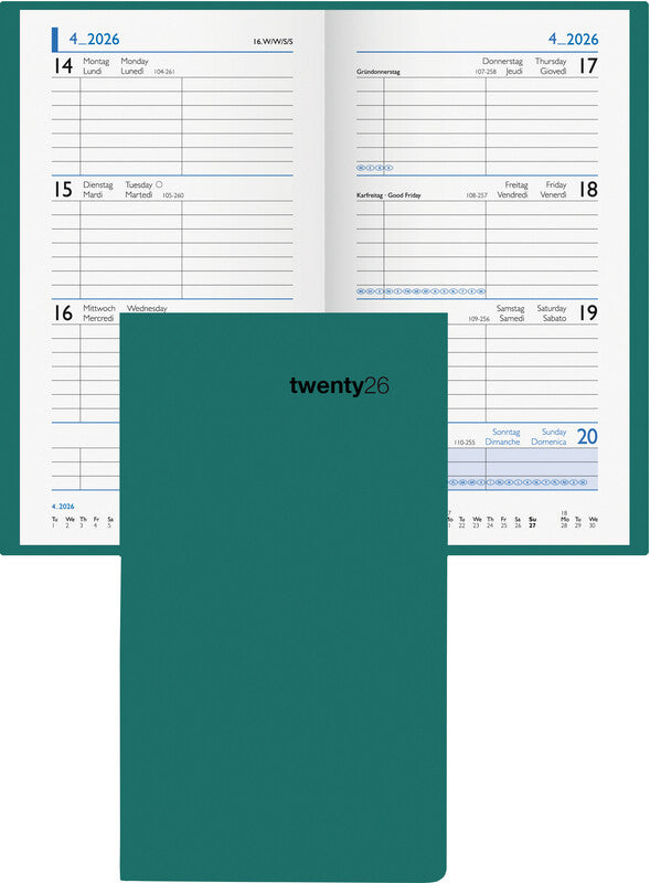 Biella Agenda – 1 Woche/2 Seiten, gebunden, 8,7 × 15,3 cm, Jan–Dez, 2026, Petrol, FSC