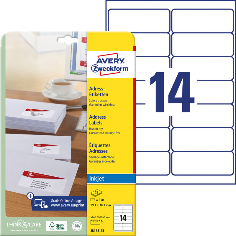 Avery Adress-Etiketten, 99 mm × 38 mm, weiss, Papier, permanent, 25 Blatt (350 Etiketten)
