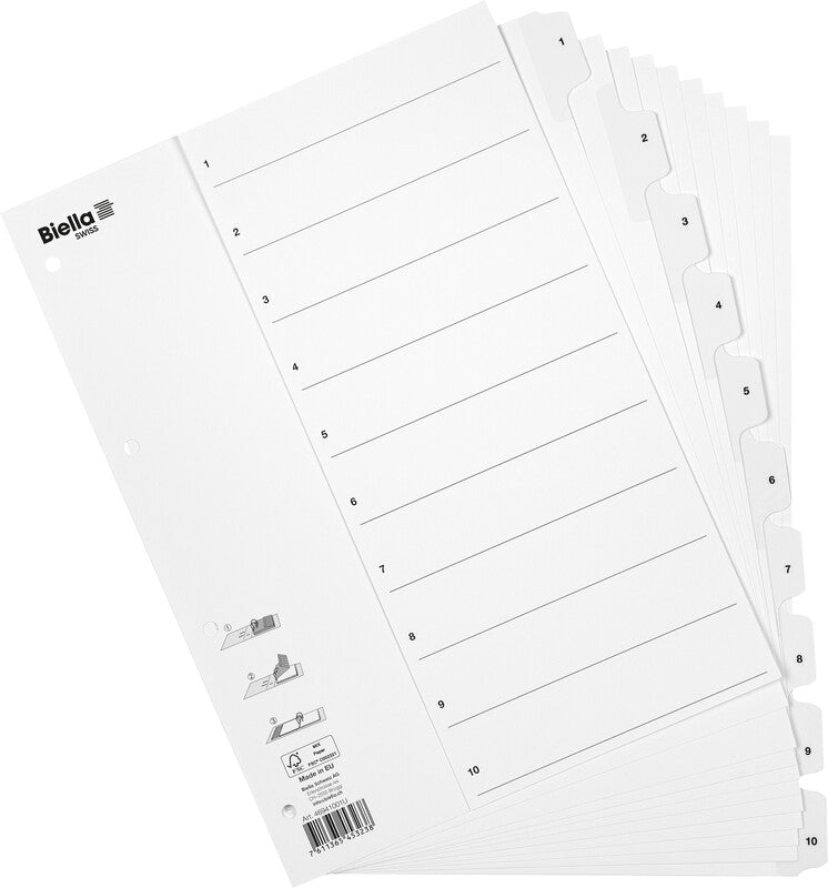 Biella SmartIndex Register – A4, 10-teilig, Karton, weiss, vorgedruckt, verstärkte Taben, für A4-Ordner