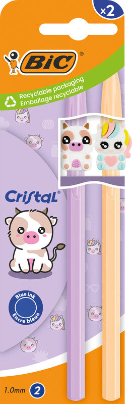 BIC Cristal Figurines Kugelschreiber – 2er Pack, Blau, Spitze 0,32 mm, Deckel, Kunststoff