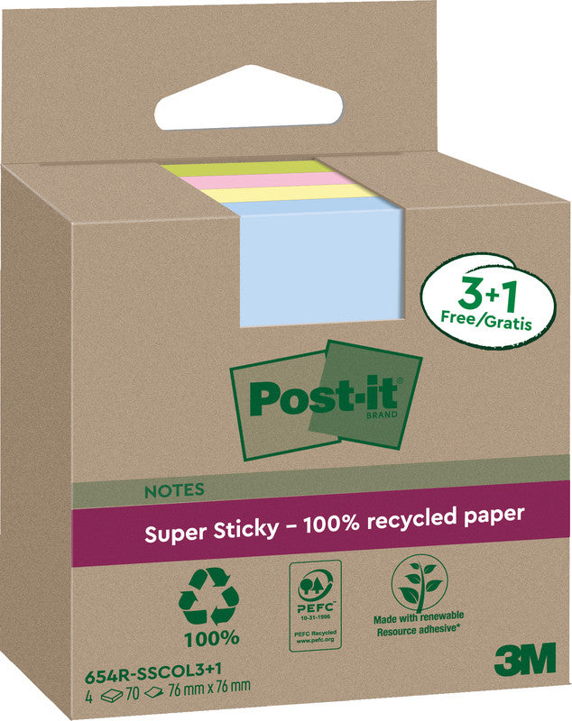 Post-it Haftnotizen Super Sticky – 76×76 mm – sortiert, 4×70 Blatt, PEFC