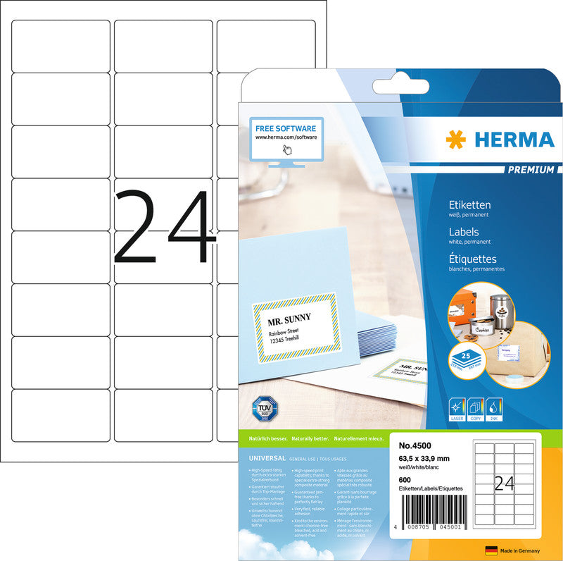 HERMA Adressetiketten, 89 mm × 47 mm, weiss, Papier, permanent, 1200 Etiketten (100 Blatt)