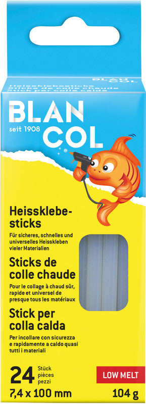 BLANCOL Heissklebepatronen Low Melt 105 °C – Ø 7,4 × 100 mm – 24 Stück – Weiss, geruchsarm – für Basteln