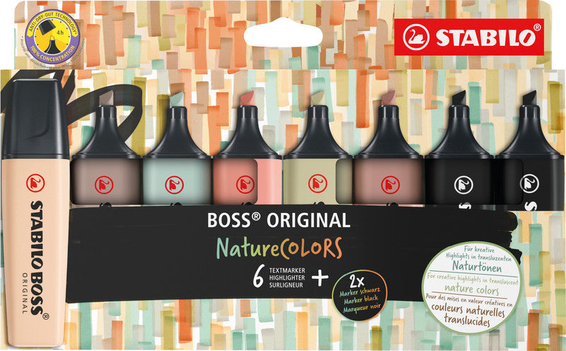 STABILO BOSS Original Nature Colors Textmarker Set 8 Farben – Keilspitze, 2–5 mm
