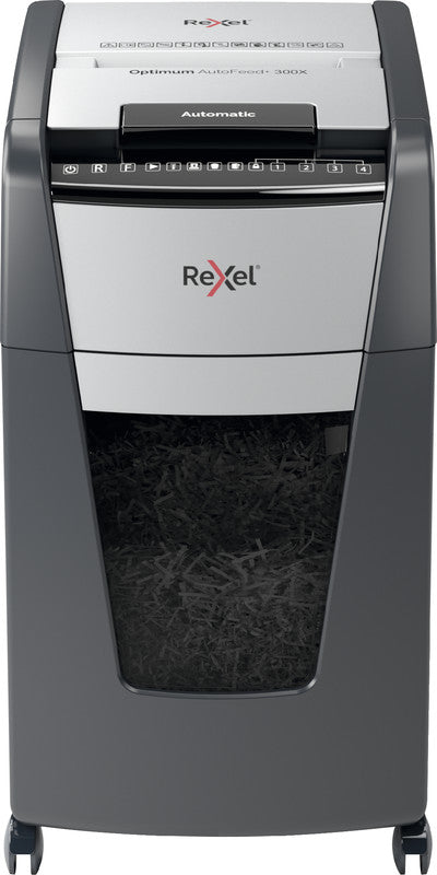 Rexel Optimum AutoFeed+ – Aktenvernichter mit Autofeed 300 Blatt, DIN P-4, Partikelschnitt 4 × 25 mm, 60 l