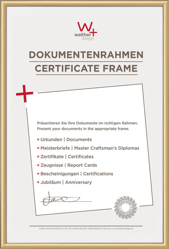 Walther Wechselrahmen, Kunststoff, Gold, 29,7 × 42 cm, mit Aufhänger – eco:plus