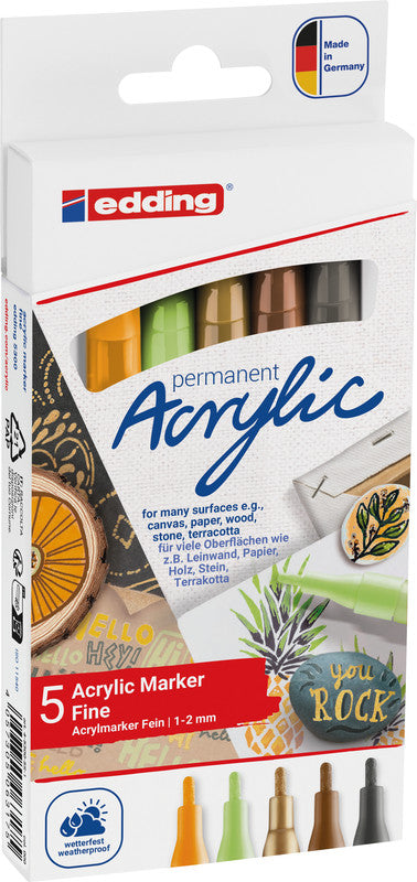 Edding Acrylmarker – sortiert (pastellgrün, sonnengelb, haselnuss, reichgold, anthrazit), 5er Set