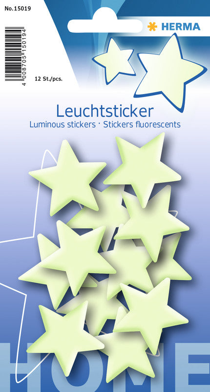 HERMA Leuchtsticker Sterne Mini, Kunststoff, Gelb, Leuchtend, Wiederablösbar, 12er-Set