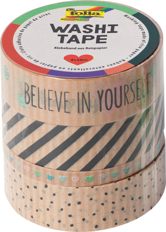 Folia Washi-Tape-Set selbstklebend – Kraftpapier, mehrfarbig – 1×5 mm × 10 m, 3×15 mm × 10 m