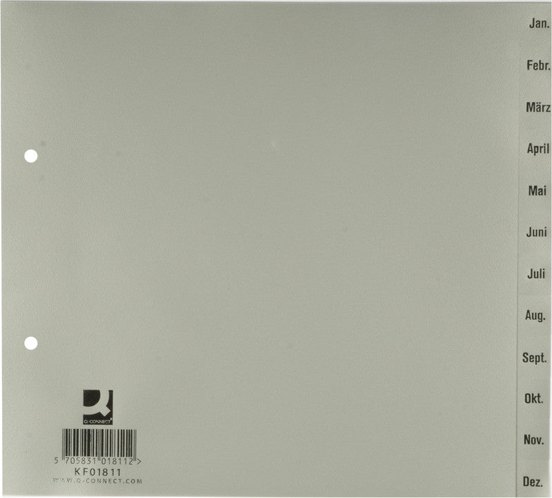 Q-CONNECT Teilregister – für A4, halbe Höhe, Kunststoff, Jan.–Dez., 12-teilig, grau, 2-fach