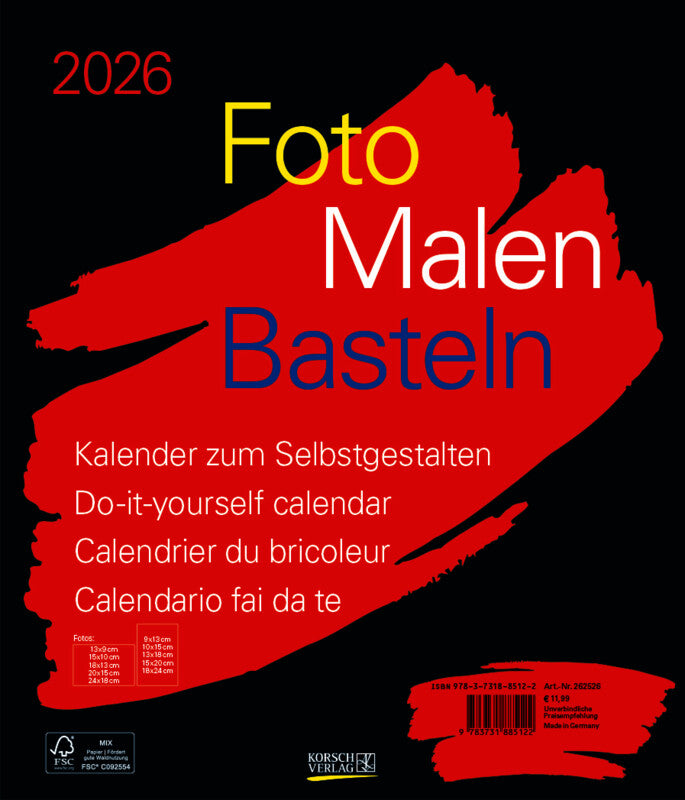 Korsch Bastelkalender Foto Malen Basteln 2026 – 30 × 35 cm – mit Tagesfeldern, mit Aufhänger