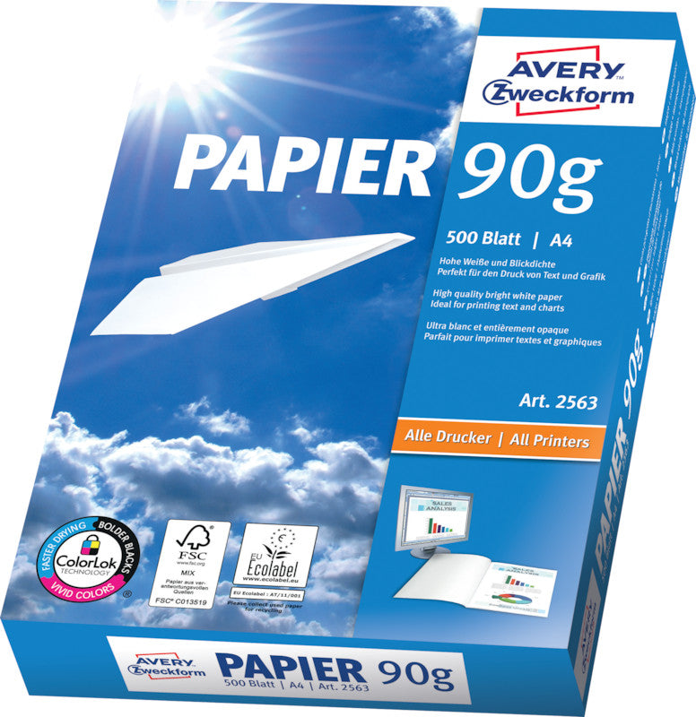 Avery Kopierpapier – A4, 90 g/m², CIE 170 – für Inkjet/Laser/Kopierer – FSC, EU Ecolabel – 500 Blatt