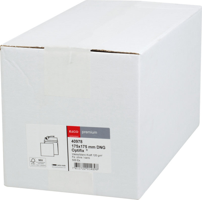 Elco Couvert 175 × 175 mm, ohne Fenster, Haftklebung, hochweiss, 120 g/m² – 500 Stk.