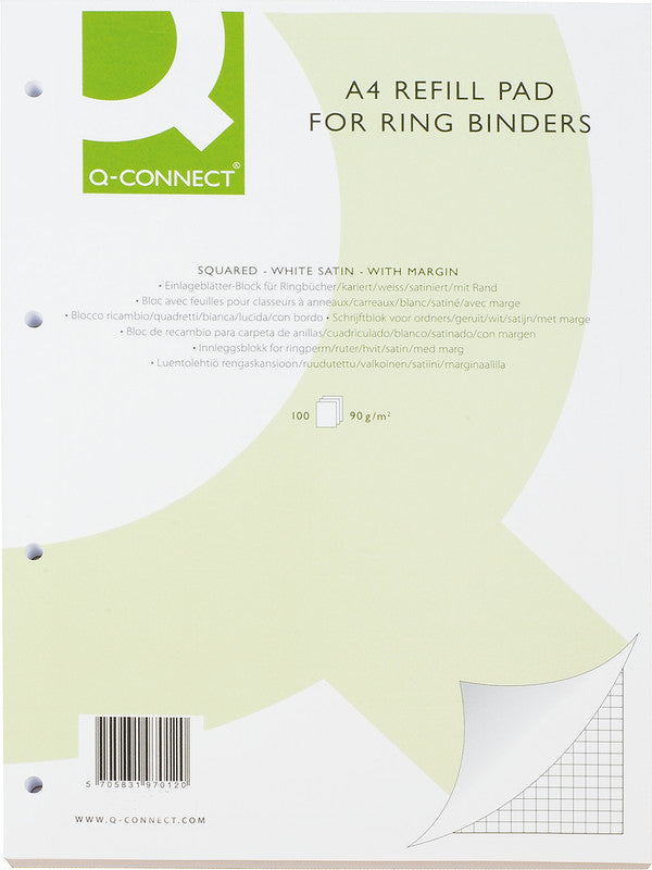 Q-connect Ringbuchblock A4, kariert, 4 mm, Leimbindung, 100 Blatt, 4-fach gelocht, 90 g/m² – weiss