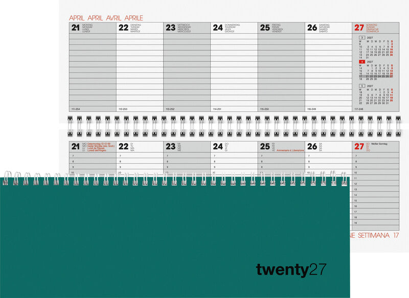 Biella Bunte Agenda – 1 Woche/2 Seiten, Spiralbindung, 29,7 × 10,5 cm, Jan–Dez 2027, Petrol, FSC
