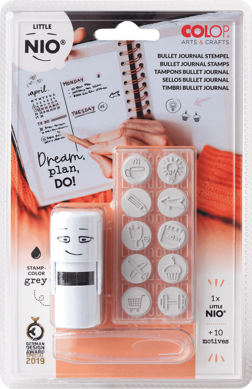 Colop Little NIO Rundstempel – Bullet Journal, selbstfärbend, 10 Motive, Ø 17 mm, Kissen grau