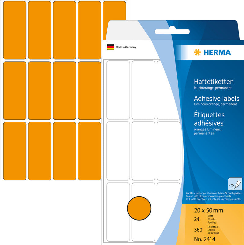 HERMA Schuletiketten – 20 × 50 mm, Abgerundete Ecken, 360 Stk, 24 Bogen, Papier, Permanent Haftend