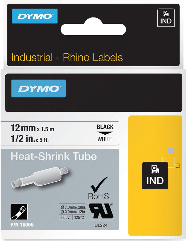 DYMO Schriftband – 12 mm × 1,5 m, weiss, schwarz – für DYMO Rhino: 3000, 4200, 5000 und weitere