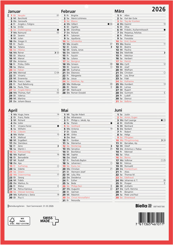 Biella Tafelkalender – 1 Jahr/2 Seiten – Deutsch – 2026 – Notizfeld, Lochung – 21 × 29,7 cm