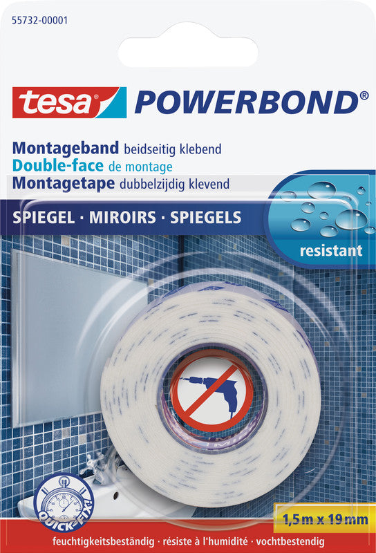 Tesa Montageband Powerbond, extra stark, für Spiegel – 19 mm × 1,5 m, weiss, bis 5 kg/10 cm