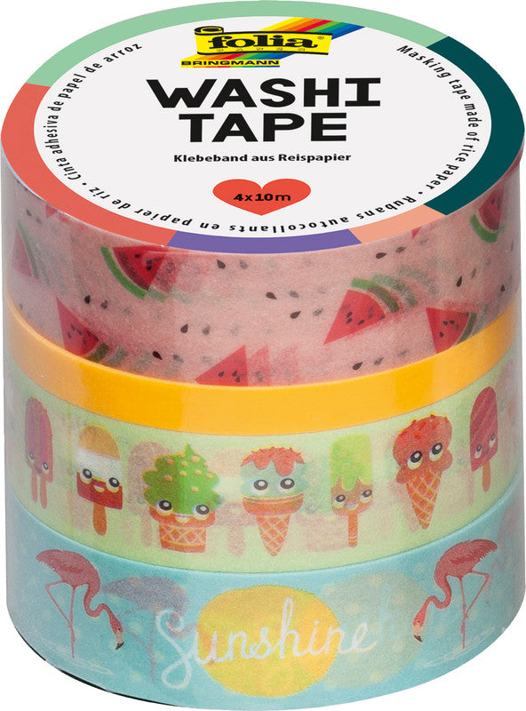 Folia Washi Tape Tropical – wiederablösbar, beschriftbar, Papier, 1×5 mm × 10 m + 3×15 mm × 10 m, mehrfarbig
