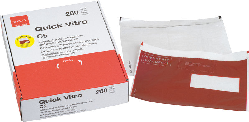 Elco Dokumententasche – C5 (229 × 162 mm), Fenster links, bedruckt, rot, Kunststoff, selbstklebend – 250 Stück