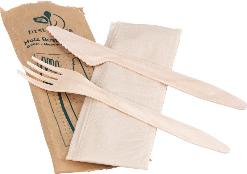 First choice ELCO Besteck-Set Holz – Messer, Gabel, Serviette, 16,5 cm, Braun, 50 Stück