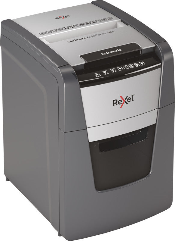 Rexel Optimum AutoFeed+ 90X – Aktenvernichter mit Autofeed 90 Blatt, DIN P-4, Partikelschnitt 4 × 28 mm, 34 l