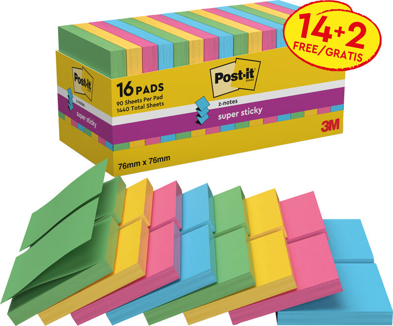 Post-it Super Sticky Z-Notes Haftnotizen – 76 × 76 mm – sortiert, Z-Faltung, 90 Blatt/Block, 16er-Pack, PEFC