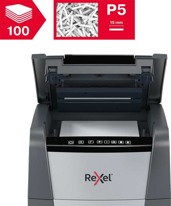 Rexel Optimum AutoFeed+ 100M – Aktenvernichter mit Autofeed 100 Blatt, DIN P-5, Mikroschnitt 2 × 15 mm, 34 l