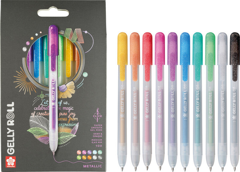 Sakura Gelly Metallic Clicker Gelschreiber 10er Set – 10 Farben, 0,5 mm, schnelltrocknend, Druckmechanik