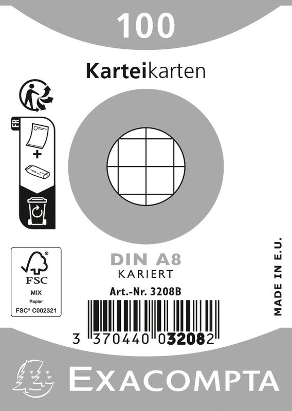 Exacompta Karteikarte A8 quer, kariert, weiss, 205 g/m², Karteikarton – 100 Stück