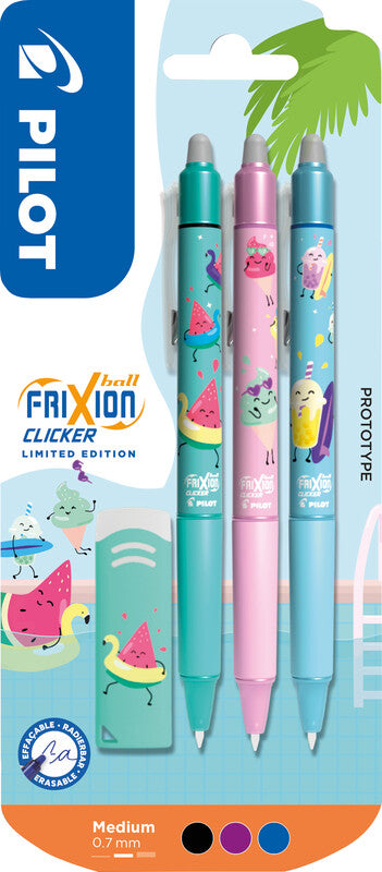 Pilot FriXion Ball Clicker Pool Party – Radierbarer Tintenroller-Set, 0,7 mm, Schwarz/Violett/Blau, 3er Blister
