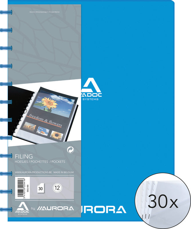 Adoc Sichtbuch Bind-Ex Aurora – 30 Sichttaschen, A4, austauschbar, genarbt, antireflex, blau, Kunststoff