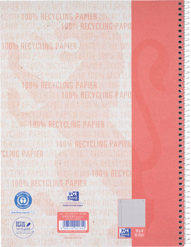 Elba Collegeblock, kariert 5 mm, Spiralbindung, Karton, 80 Blatt, 4-fach gelocht, perforiert, 90 g/m² – rot