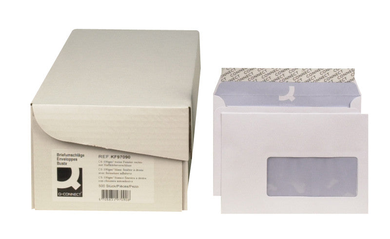 Q-CONNECT Couvert C6, Fenster rechts, Haftklebung, weiss, 100 g/m², mit Innendruck – 500 Stk.