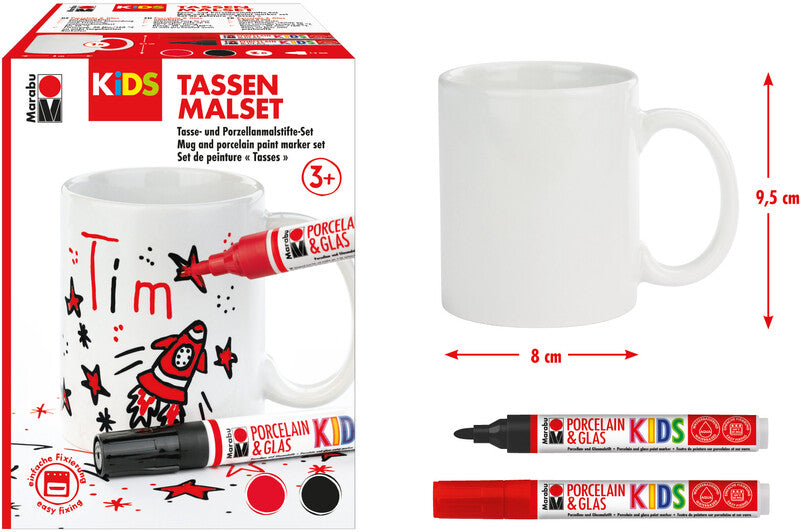 Marabu KiDS – Tassen-Malset – Porzellan- und Glasmalstifte 1–3 mm – 8 × 8 × 9,5 cm – 1 Tasse, 2 Stifte