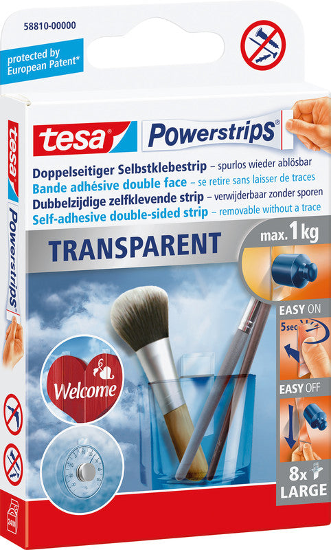 Tesa Montageband Powerstrips, für Spiegel – transparent, bis 1 kg