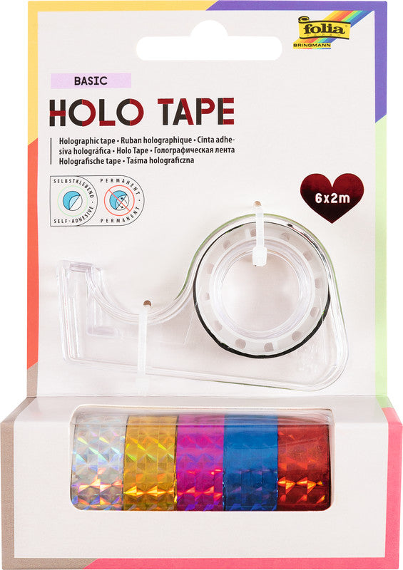 Folia Washi Tape (Deko) – mit Abroller – permanent, holografisch, 12 mm × 2 m, farbig sortiert, 6 Rollen