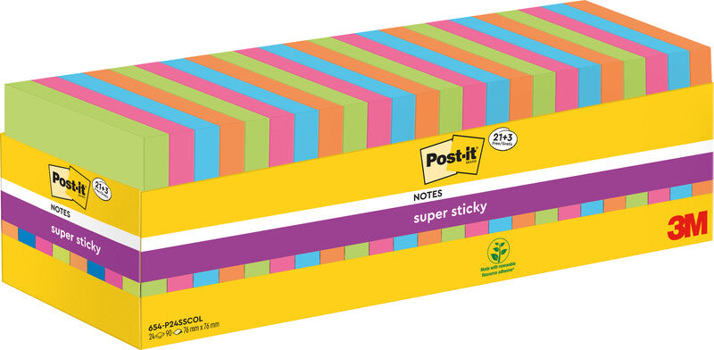 3M Post-it Super Sticky Haftnotizen – 76×76 mm – sortiert, 24×90 Blatt, PEFC