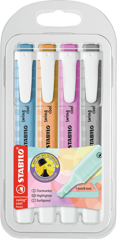 STABILO swing cool Pastel Edition Textmarker Set 4 Farben Pastell – Keilspitze, 1–4 mm