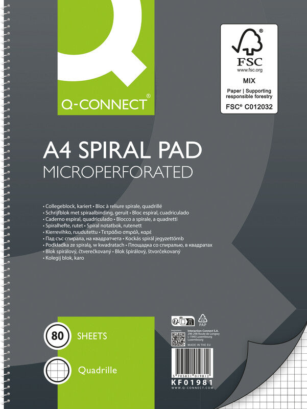 Q-connect Collegeblock A4, kariert, Spiralbindung, Karton, 80 Blatt, perforiert, 70 g/m² – grau