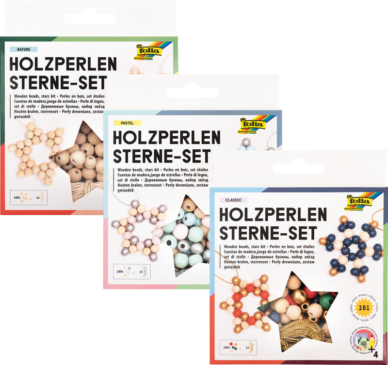 Folia Bastelset Holzperlen Sterne – 161 Holzperlen Ø 10/12 mm, 15 m Garn